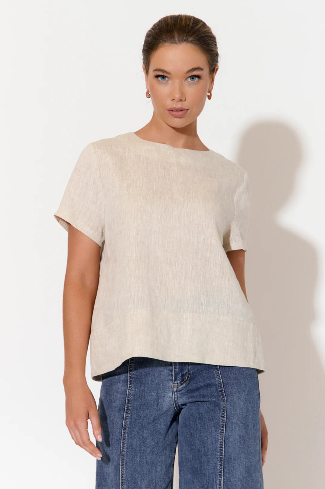 Adorne Kita Short Sleeve Button Back Linen Top - Natural