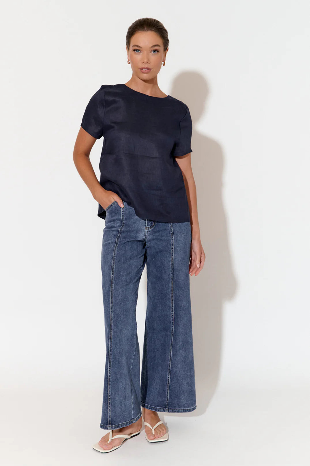 Adorne Kita Short Sleeve Button Back Linen Top - Navy