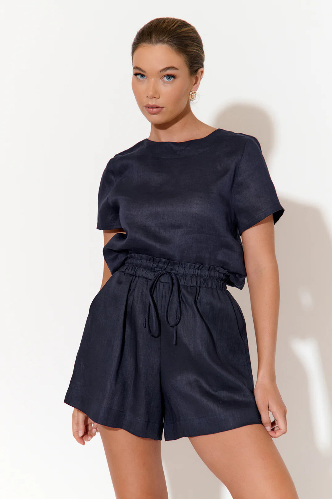 Adorne Kita Short Sleeve Button Back Linen Top - Navy