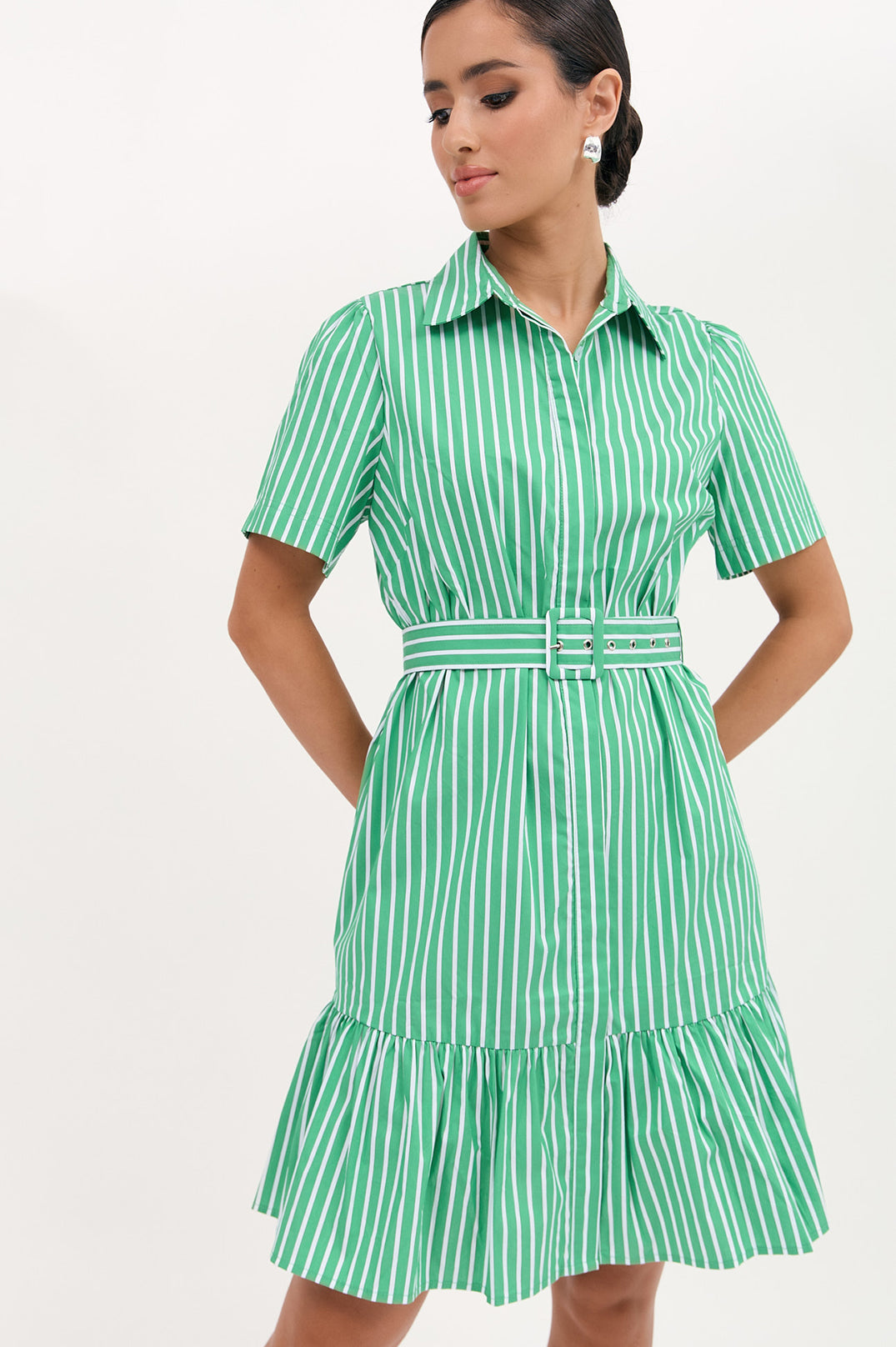 Adorne Nathalia Poplin Stripe Dress - Green/White