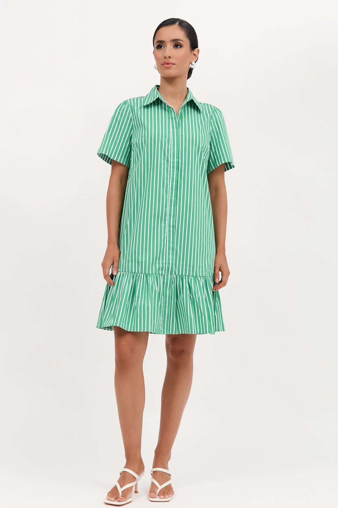 Adorne Nathalia Poplin Stripe Dress - Green/White