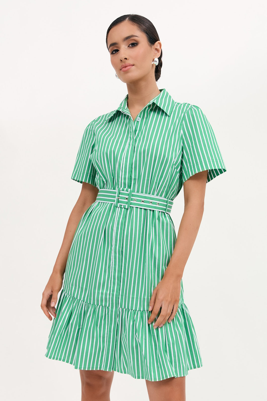 Adorne Nathalia Poplin Stripe Dress - Green/White