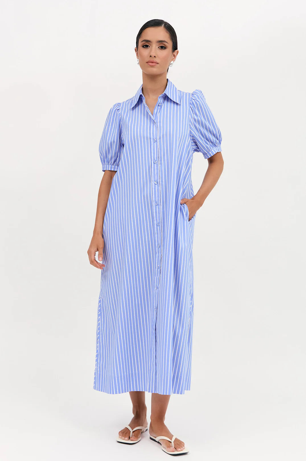 Adorne Louise Poplin Stripe Shirt Dress - Blue/White