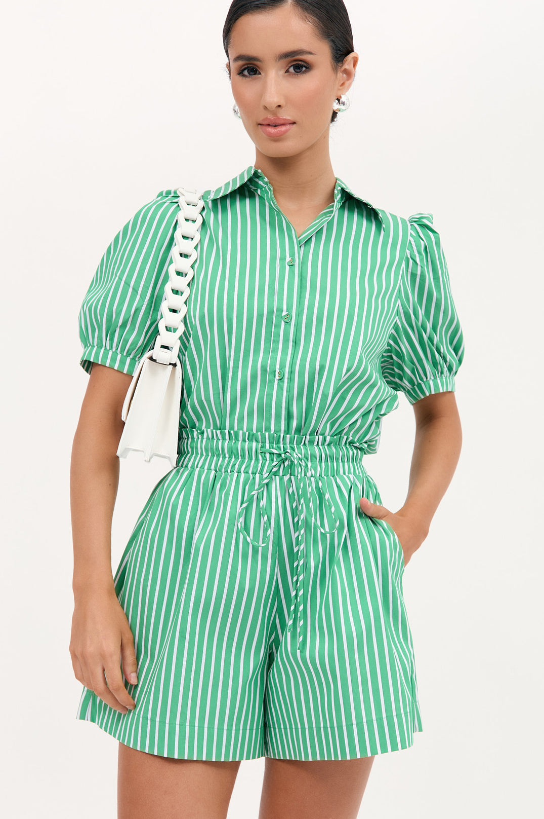 Adorne Louise Poplin Stripe Shirt - Green/White