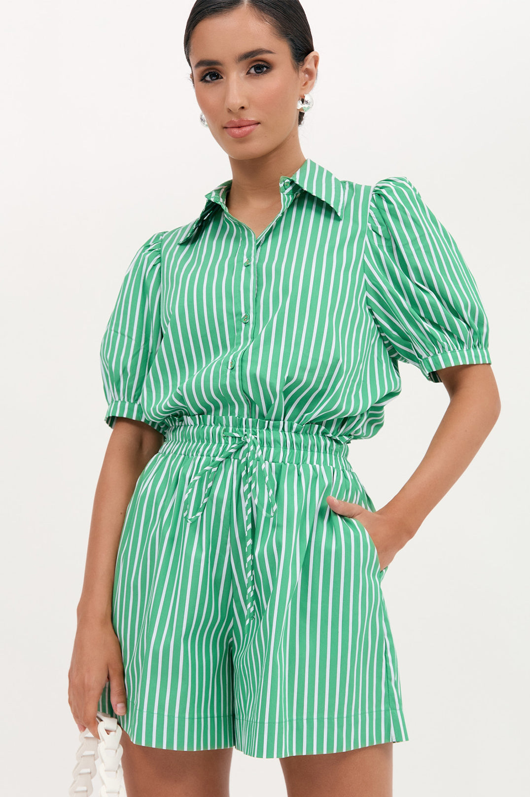 Adorne Louise Poplin Stripe Shirt - Green/White