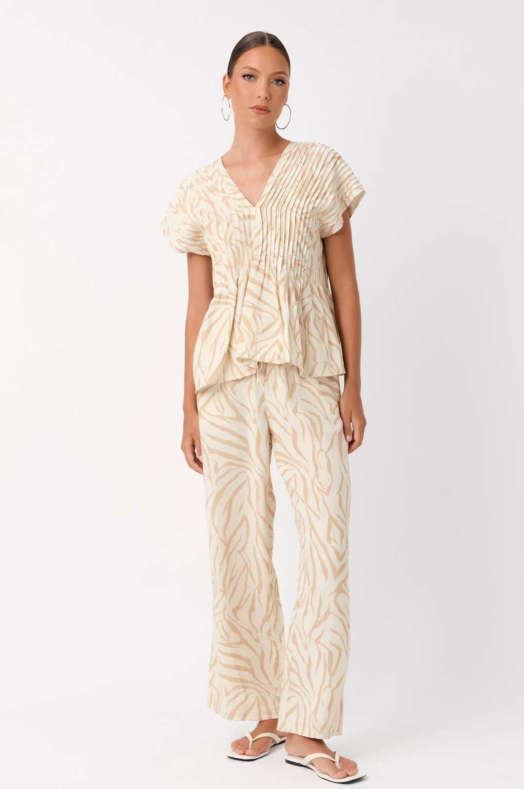 Adorne Dani Zebra Pleated Top - Camel