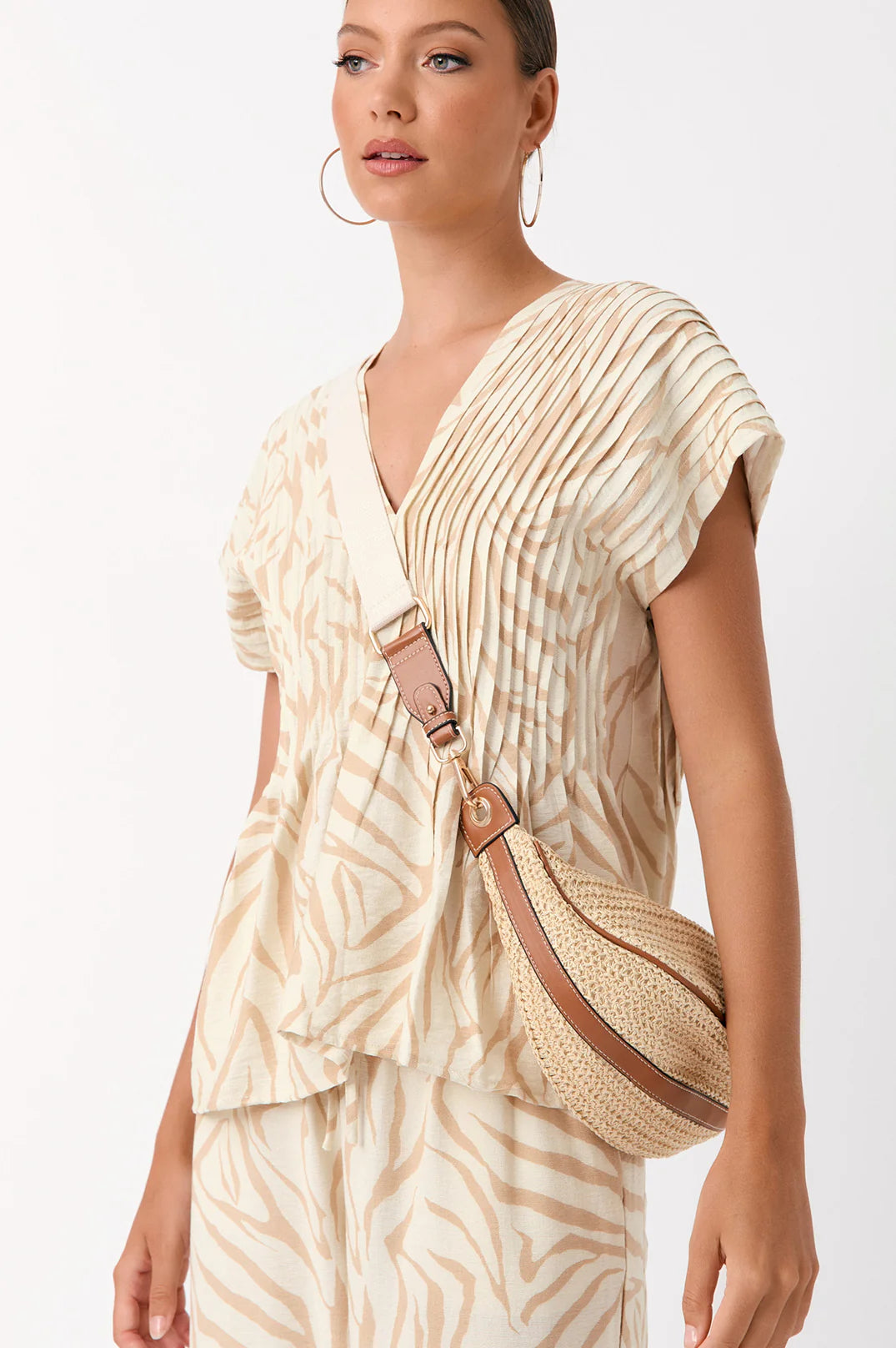 Adorne Dani Zebra Pleated Top - Camel