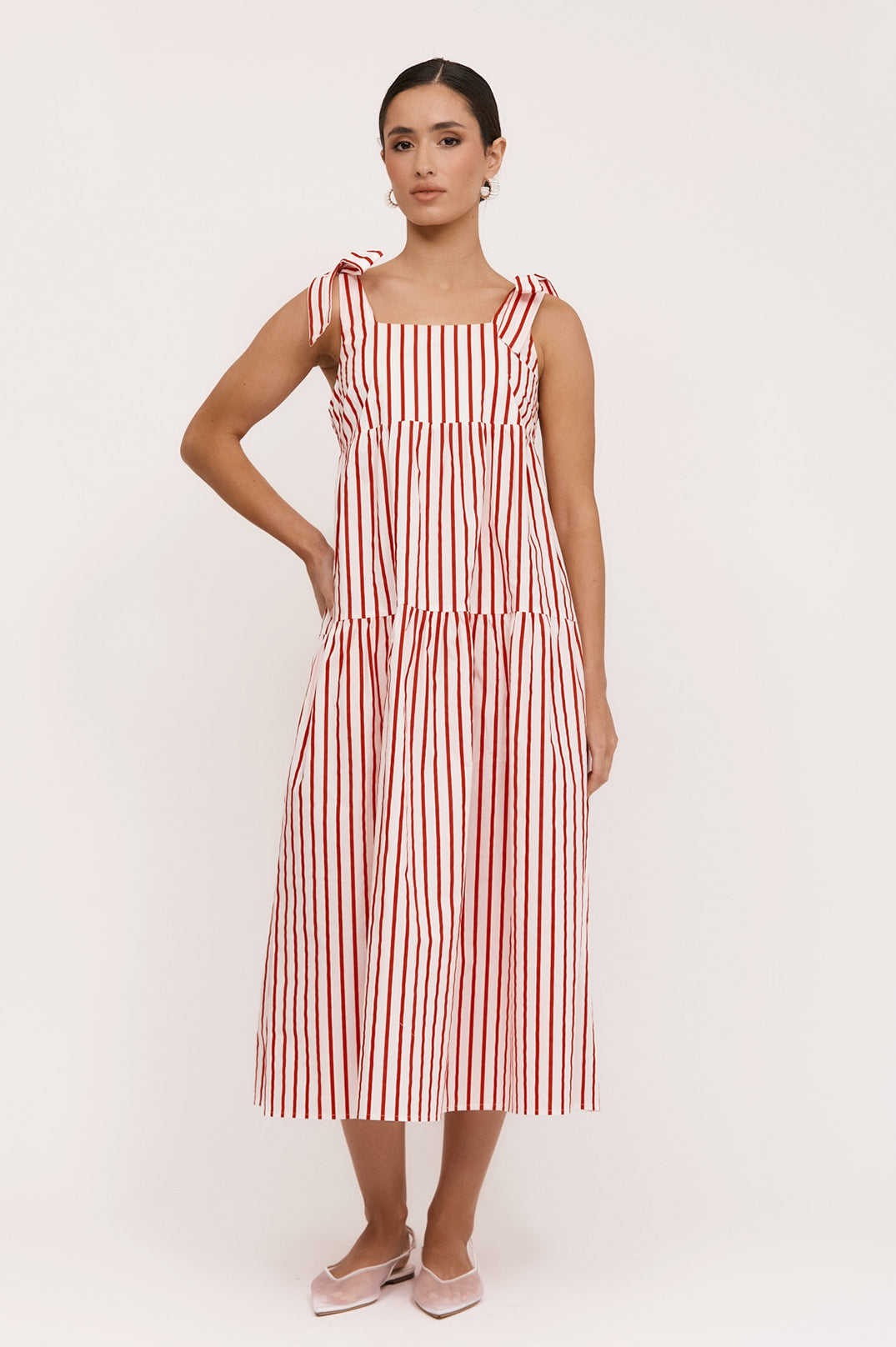 Adorne Noah Poplin Stripe Dress - Red/White