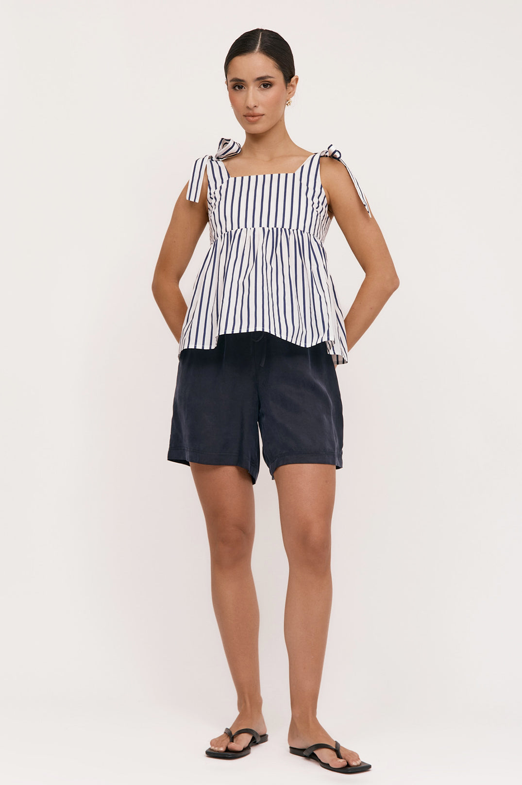 Adorne Noah Poplin Stripe Top - Navy/White