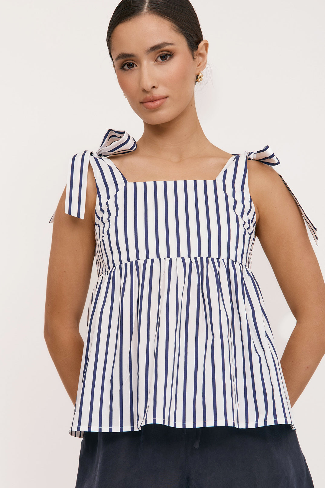 Adorne Noah Poplin Stripe Top - Navy/White