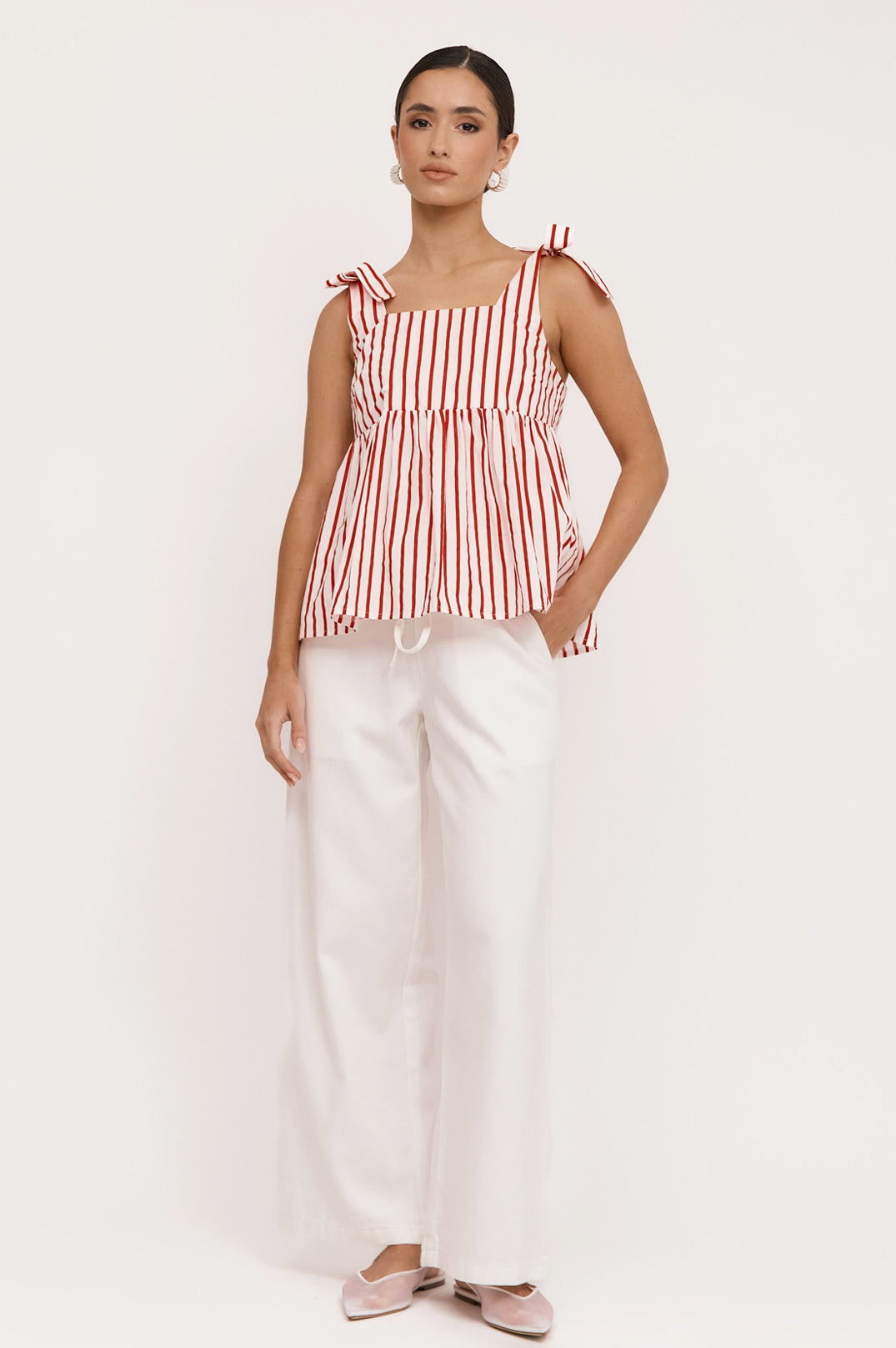 Adorne Noah Poplin Stripe Top - Red/White