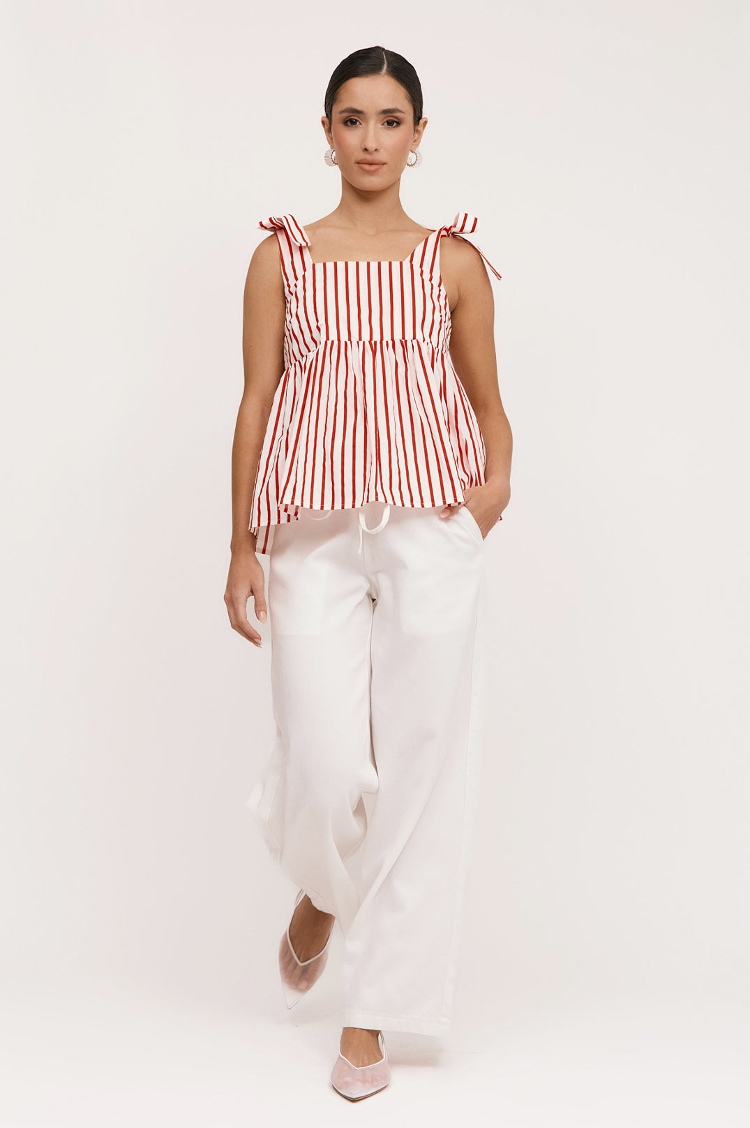 Adorne Noah Poplin Stripe Top - Red/White