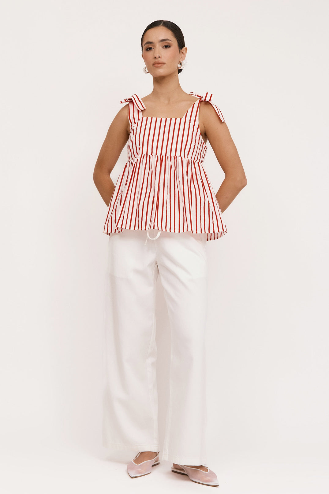 Adorne Noah Poplin Stripe Top - Red/White