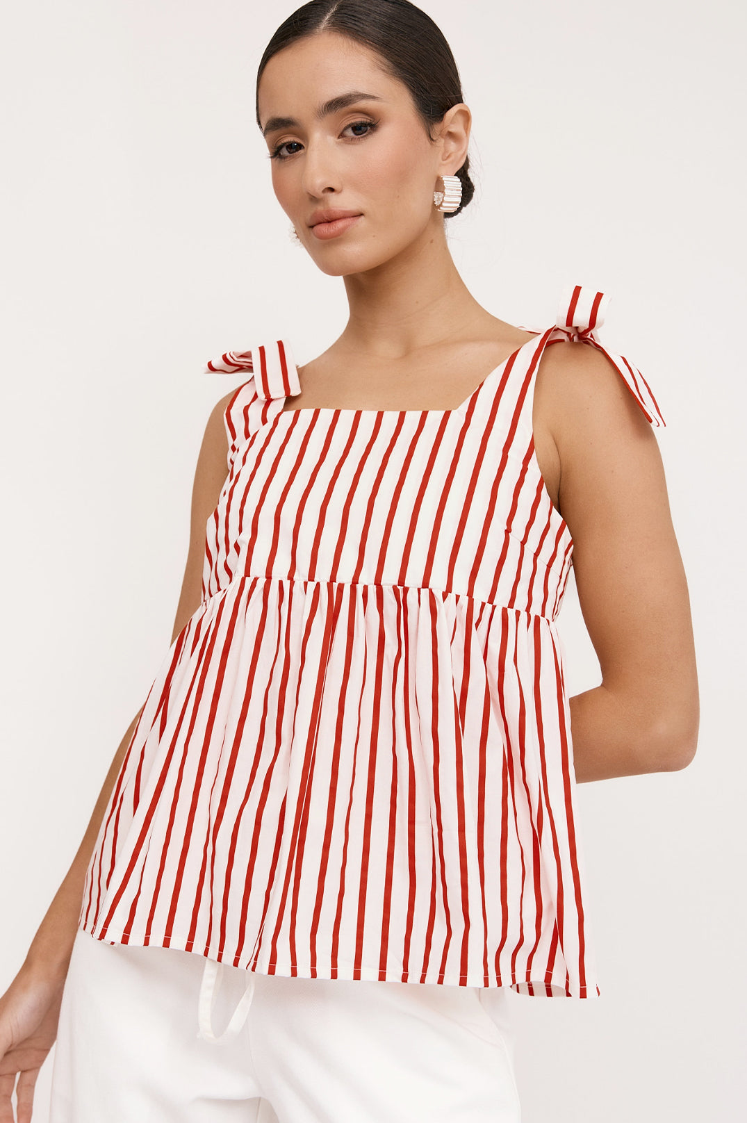 Adorne Noah Poplin Stripe Top - Red/White