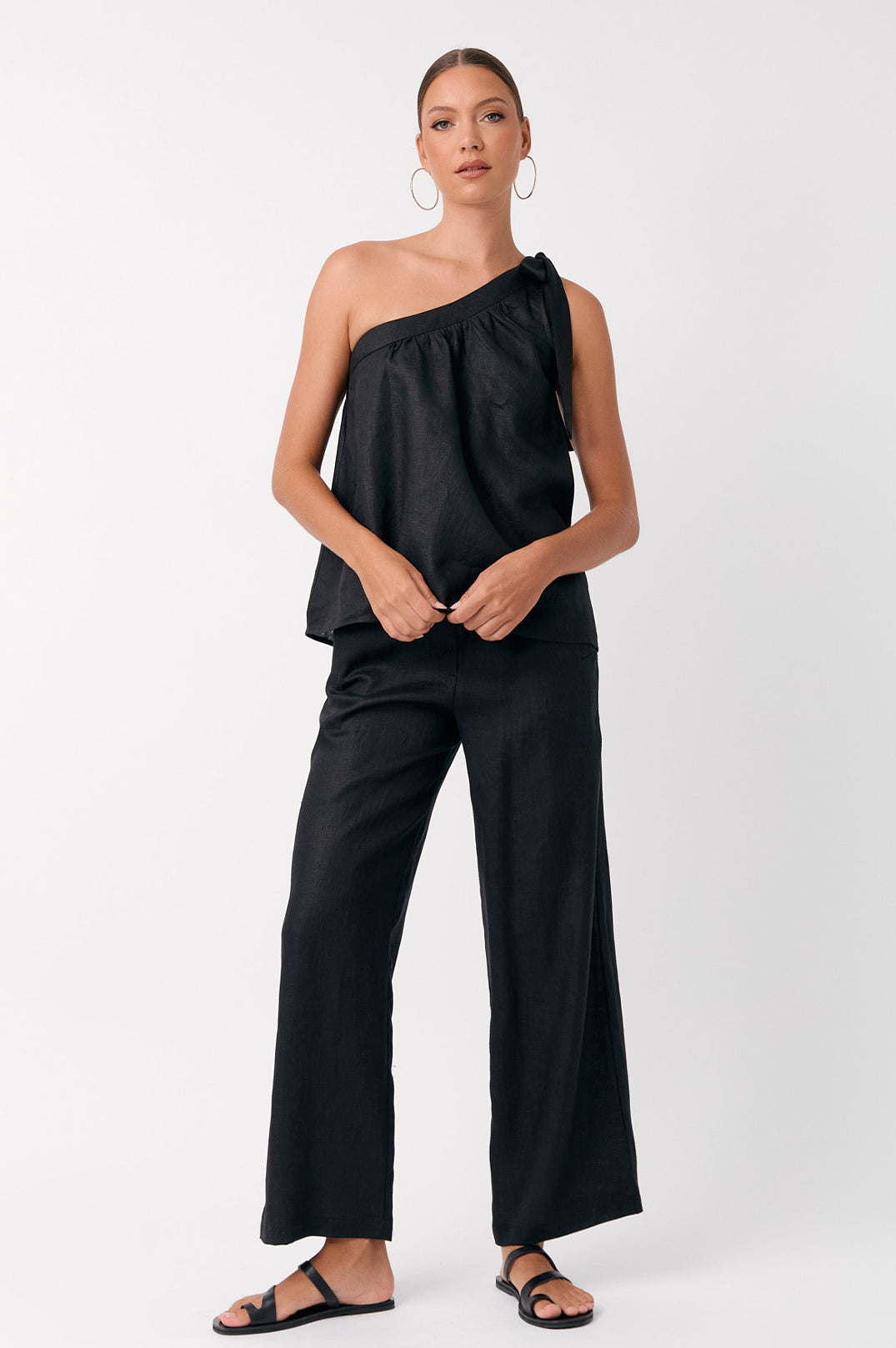 Adorne Olive Linen One Shoulder Top - Black