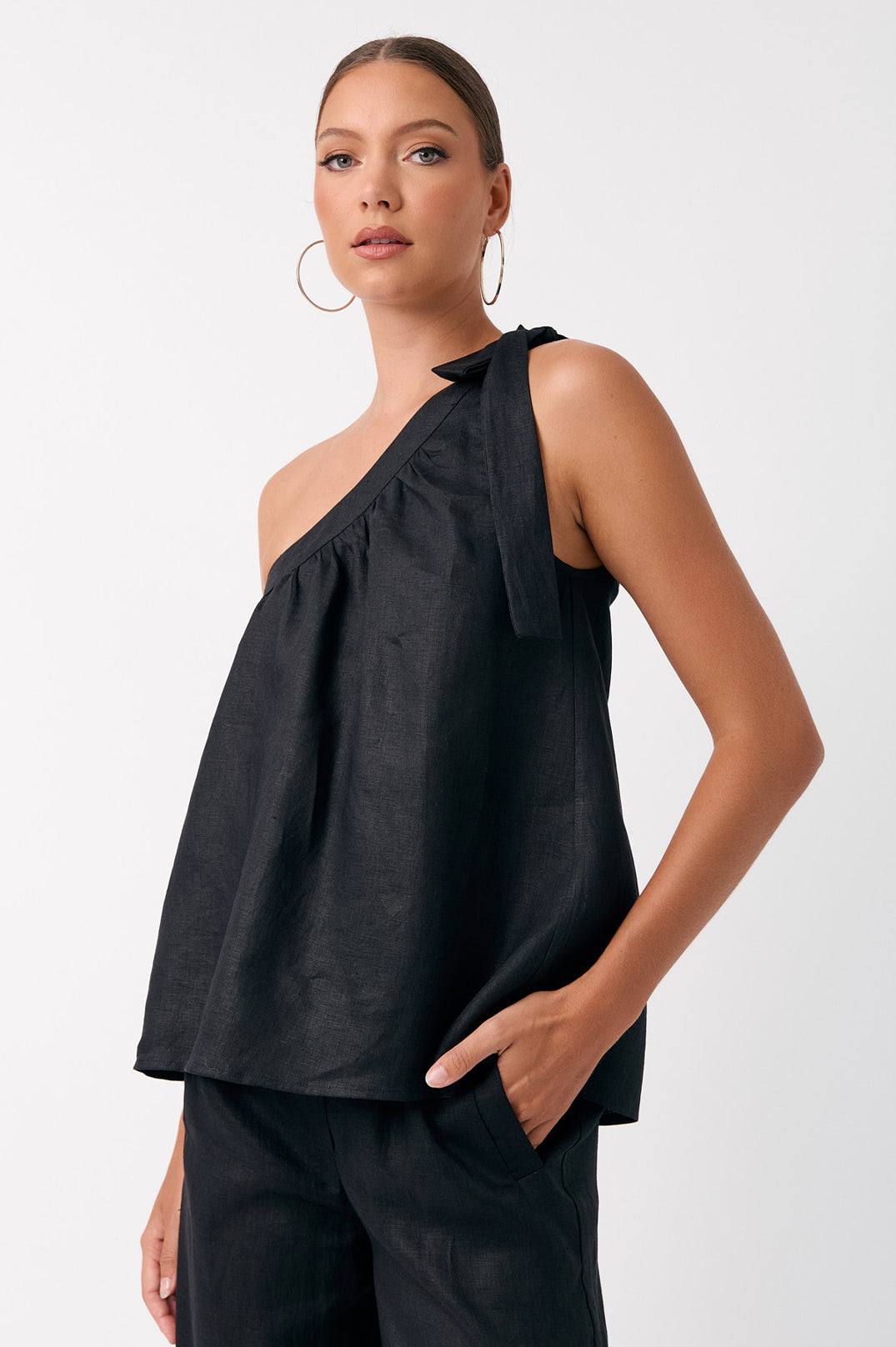 Adorne Olive Linen One Shoulder Top - Black