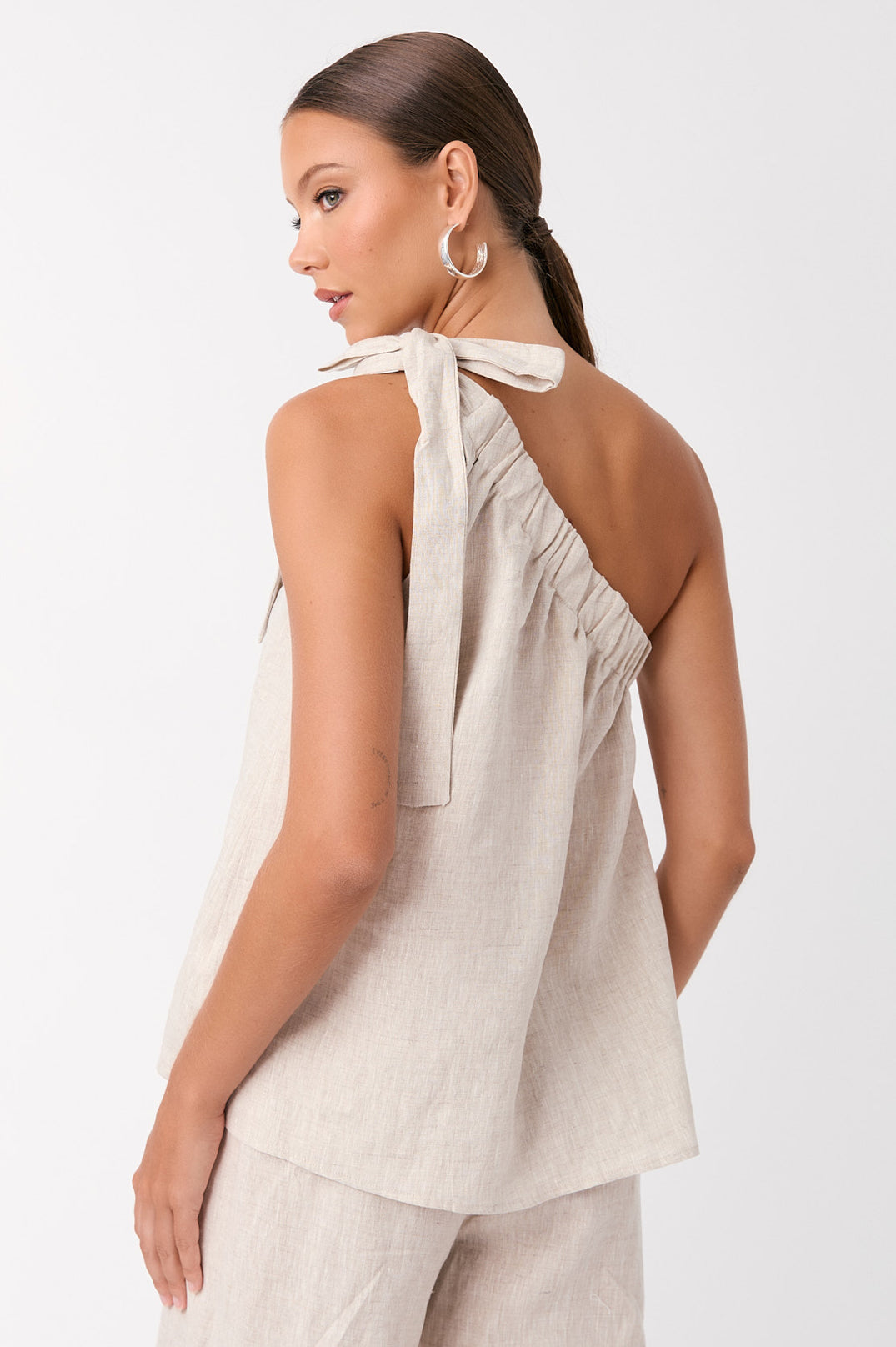 Adorne Olive Linen One Shoulder Top - Natural