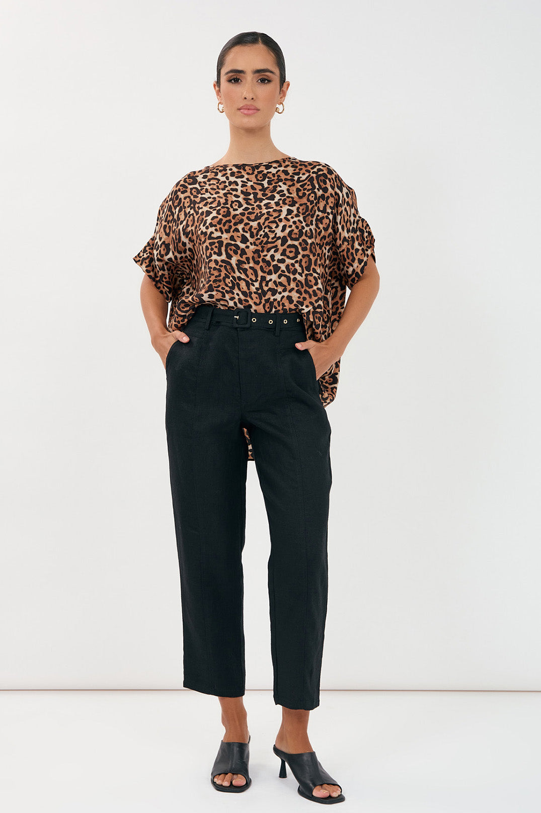 Adorne Tiffany Belted Linen Pant - Black