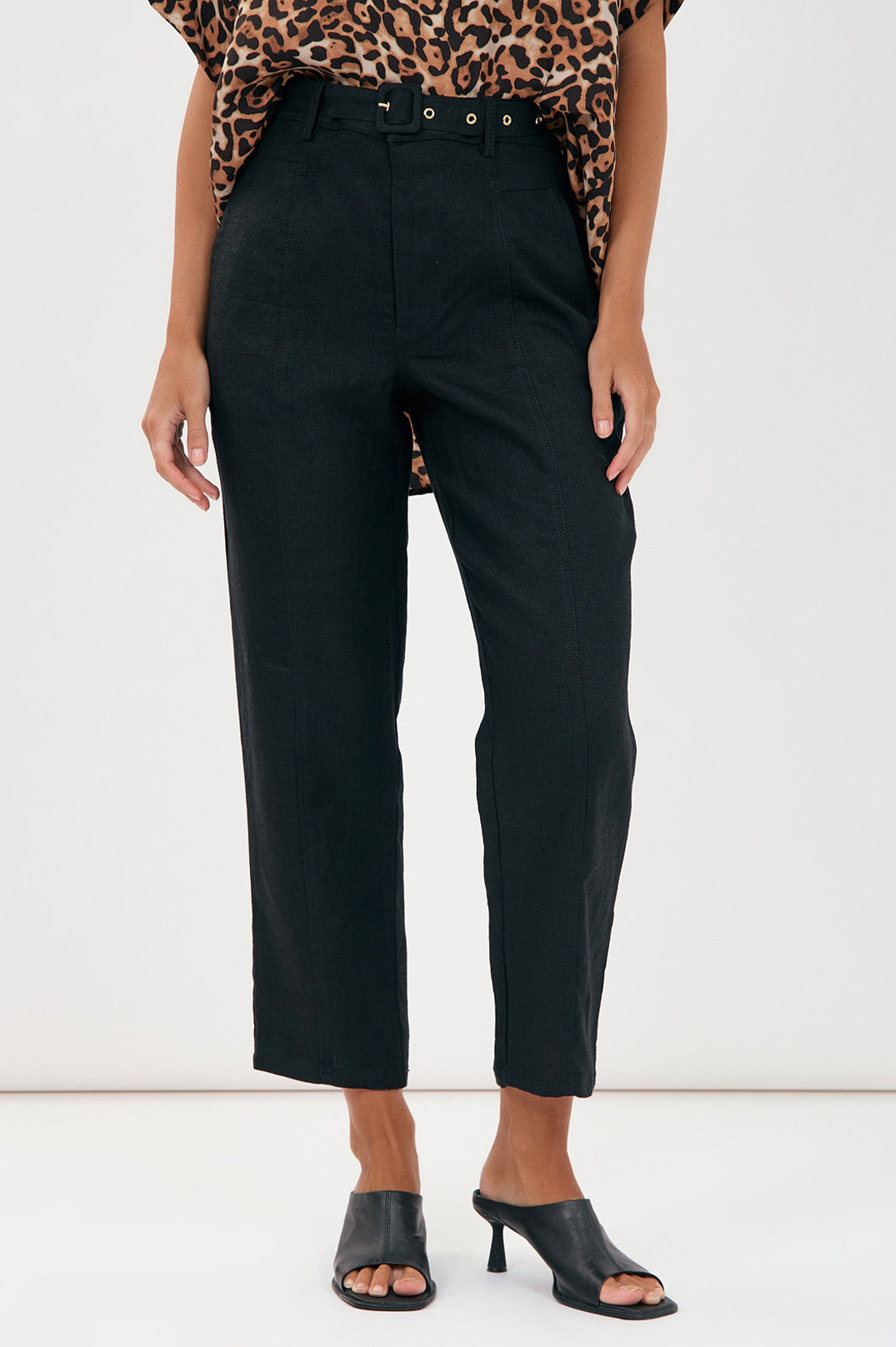 Adorne Tiffany Belted Linen Pant - Black