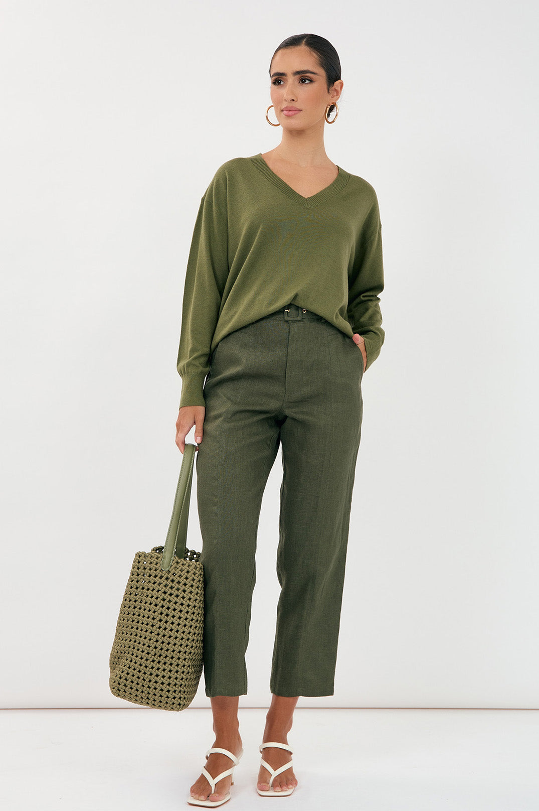 Adorne Tiffany Belted Linen Pant - Khaki