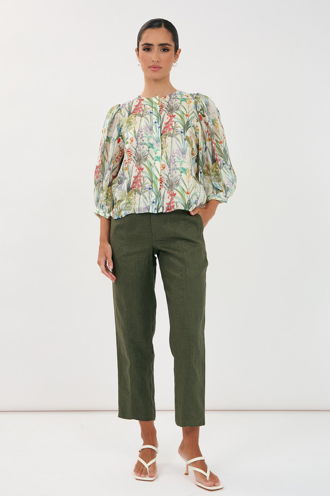 Adorne Tiffany Belted Linen Pant - Khaki