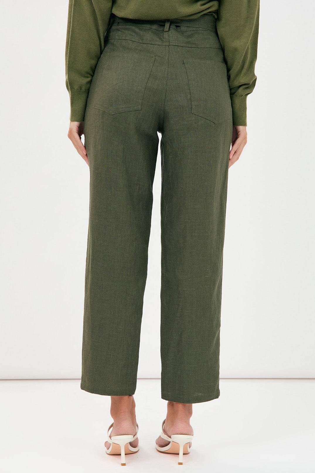 Adorne Tiffany Belted Linen Pant - Khaki