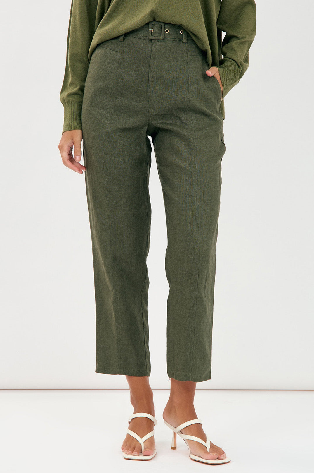 Adorne Tiffany Belted Linen Pant - Khaki