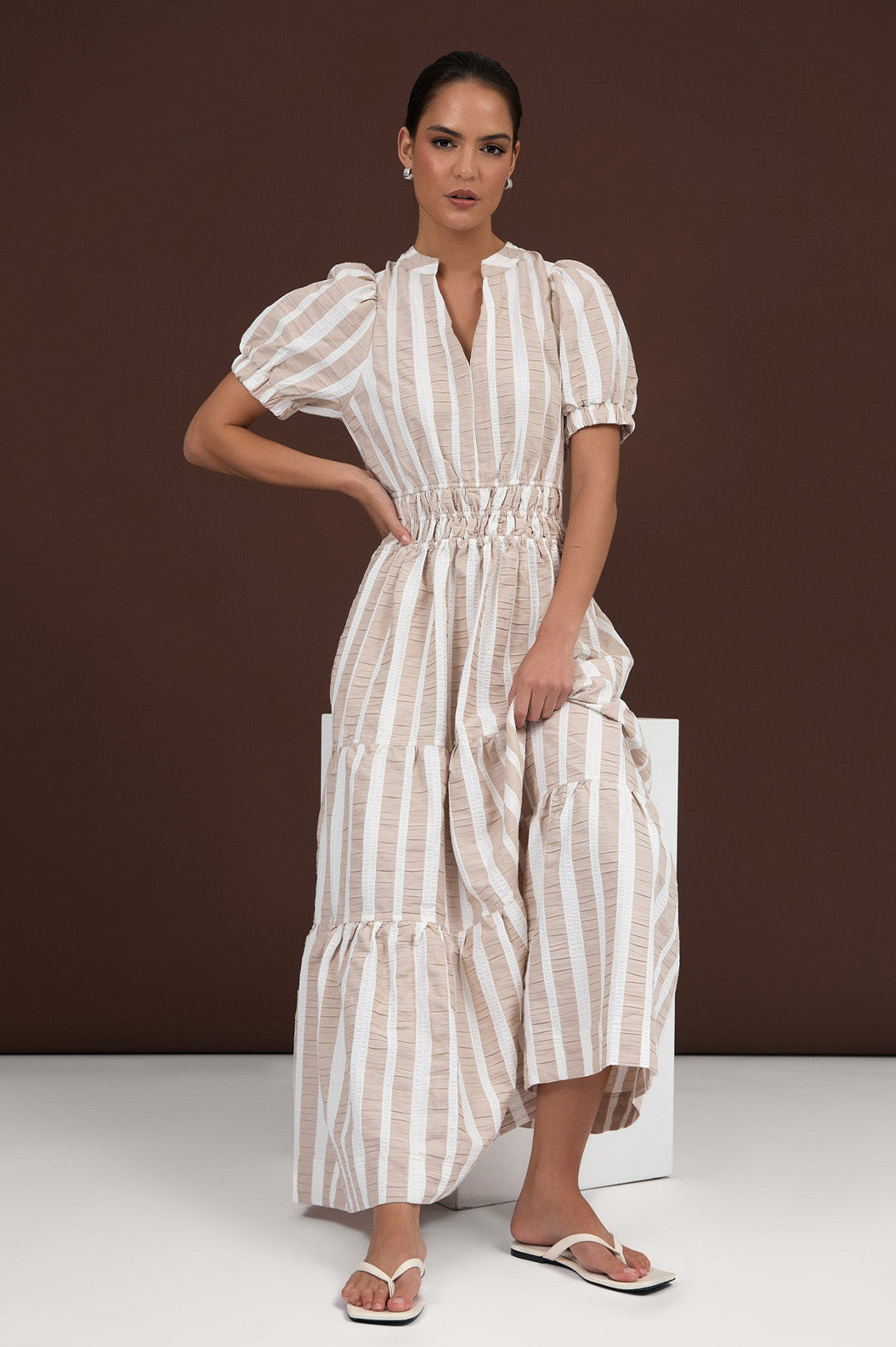 Adorne Violette Cotton Stripe Dress - Carmel Stripe