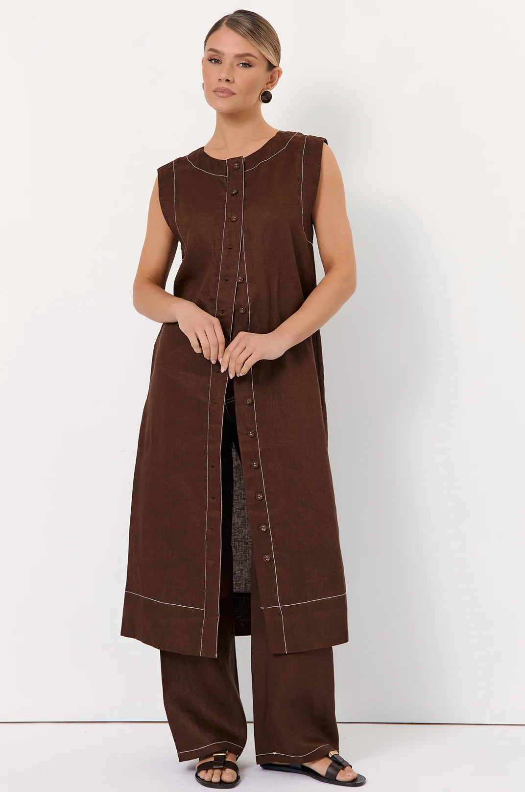 Adorne Lonnie Button Front Linen Midi Dress - Chocolate