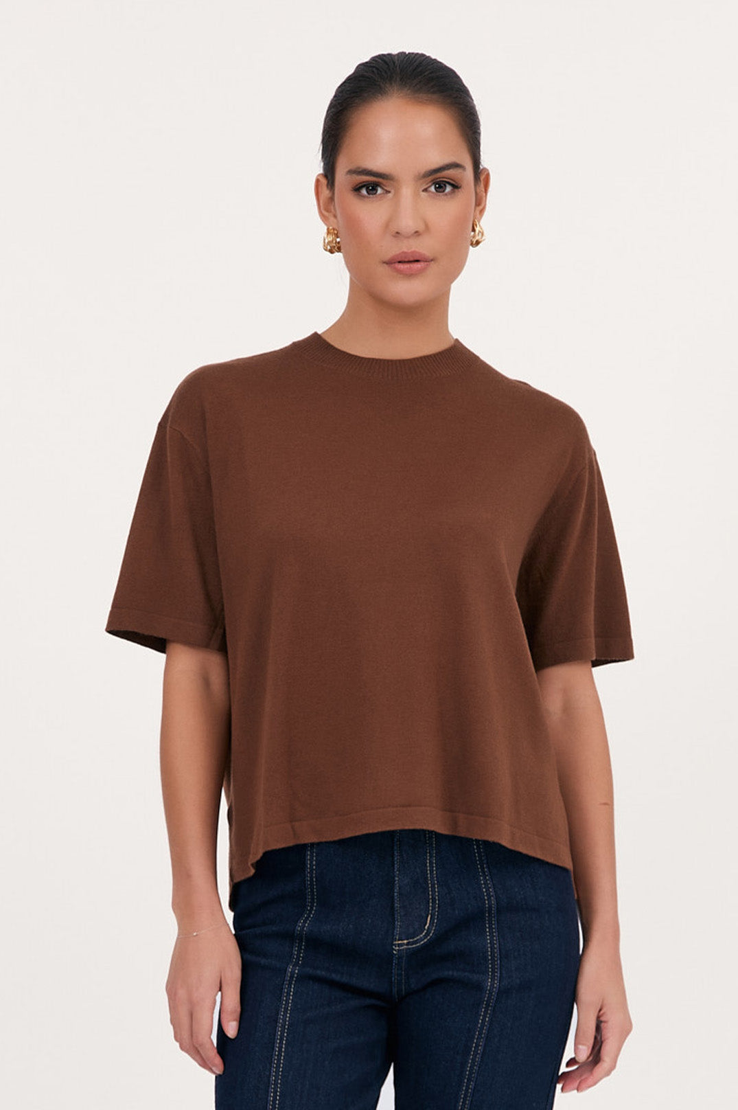 Adorne Laney Short Sleeve Light Weight Knit Top - Tan