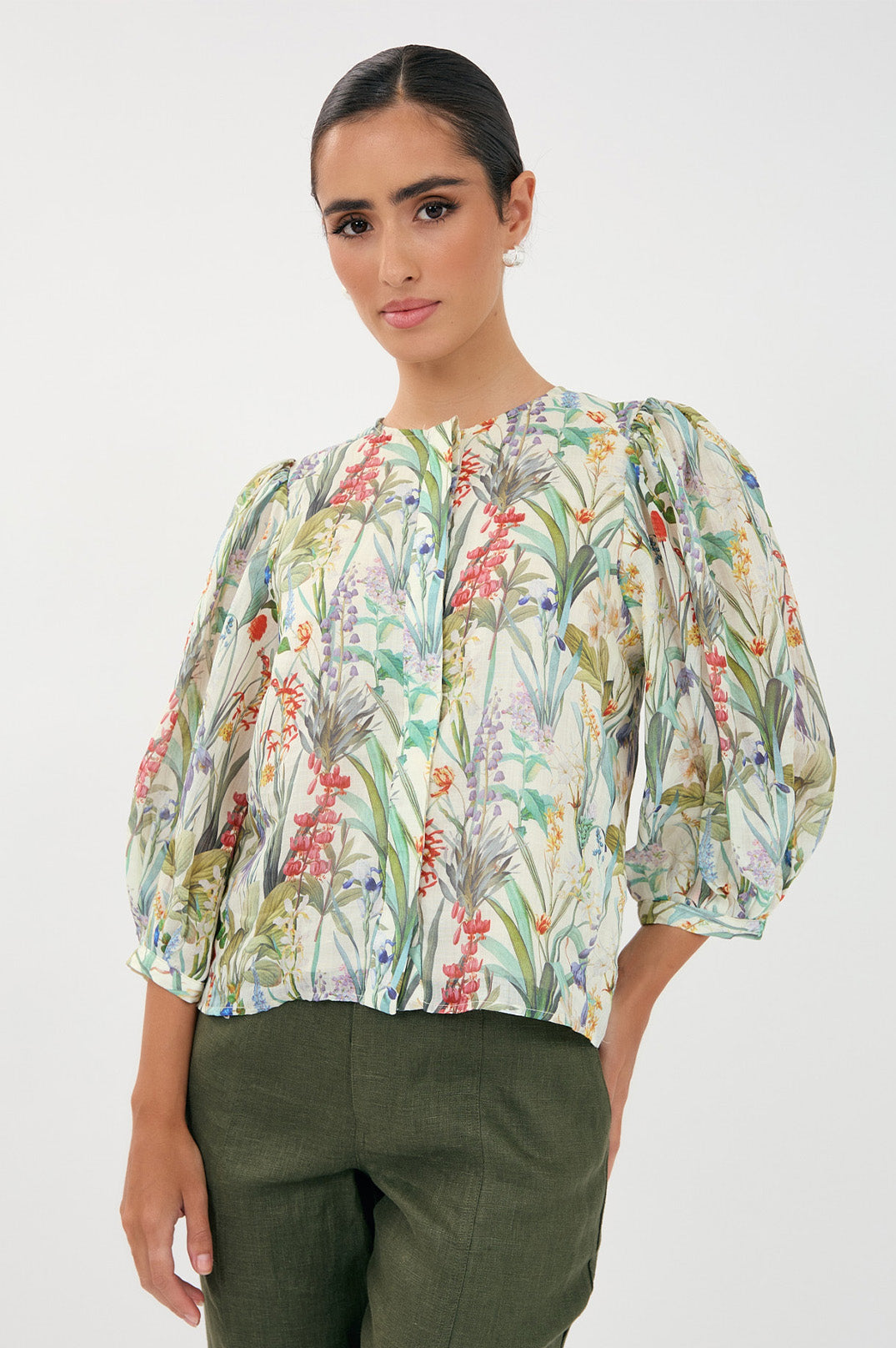 Adorne Lauren Floral Ramie 3/4 Sleeve Shirt