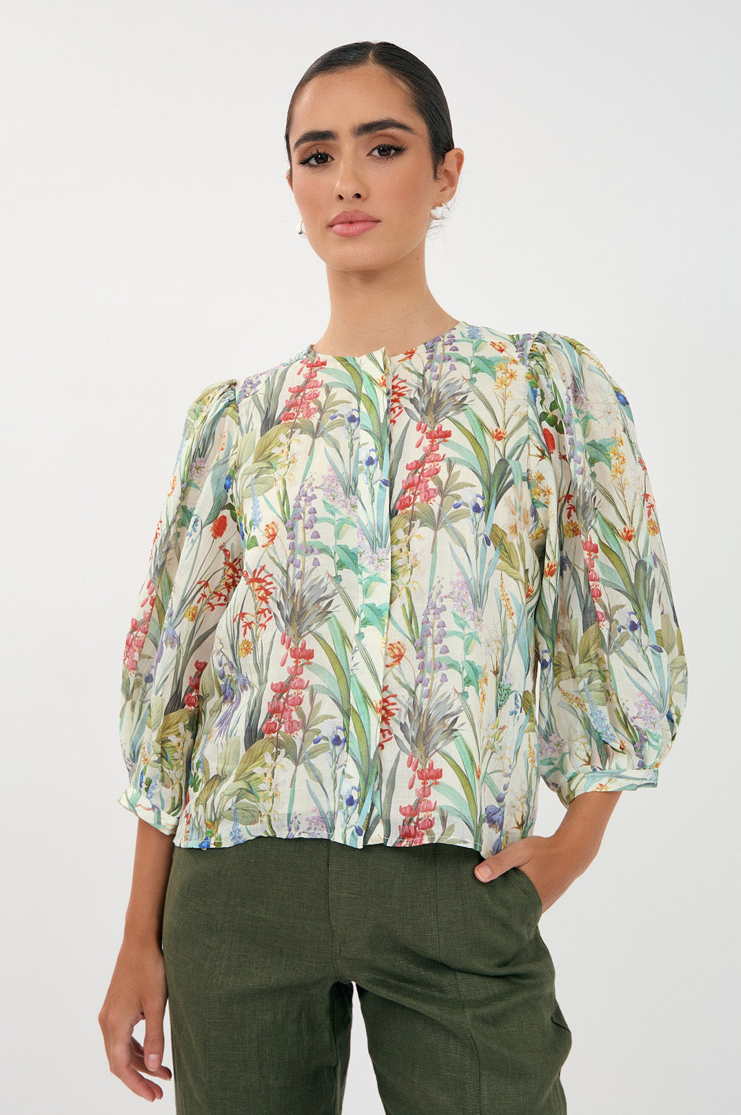 Adorne Lauren Floral Ramie 3/4 Sleeve Shirt