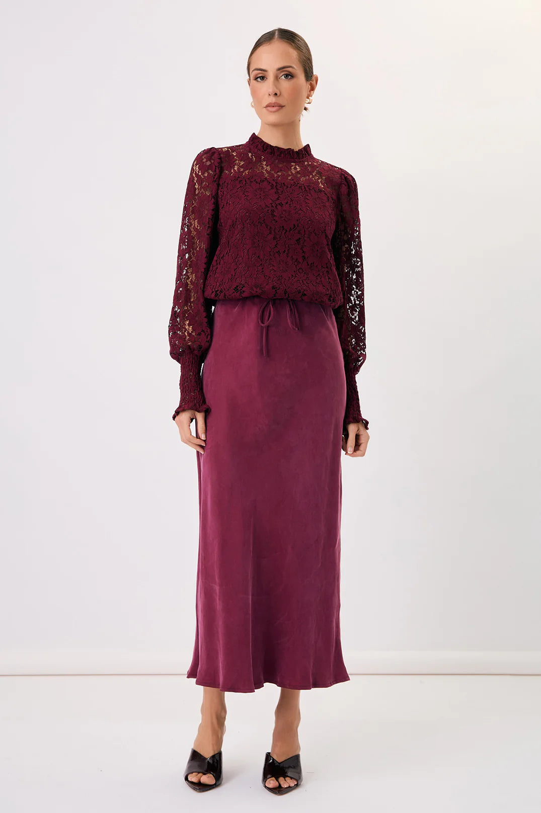 Adorne Olivia Long Sleeve Lace Top - Burgundy