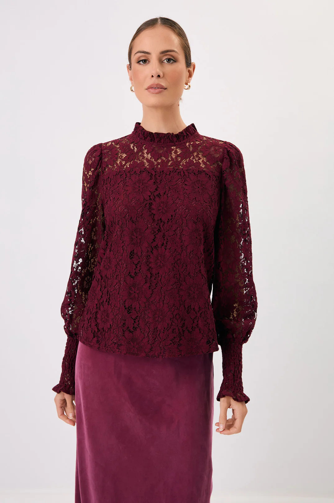 Adorne Olivia Long Sleeve Lace Top - Burgundy
