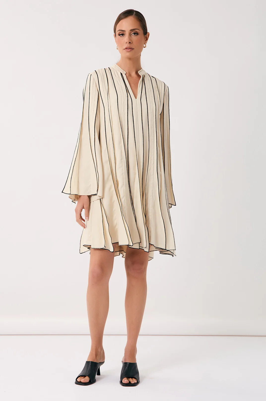 Adorne Georgina A line Contrast Panel Dress - Stone