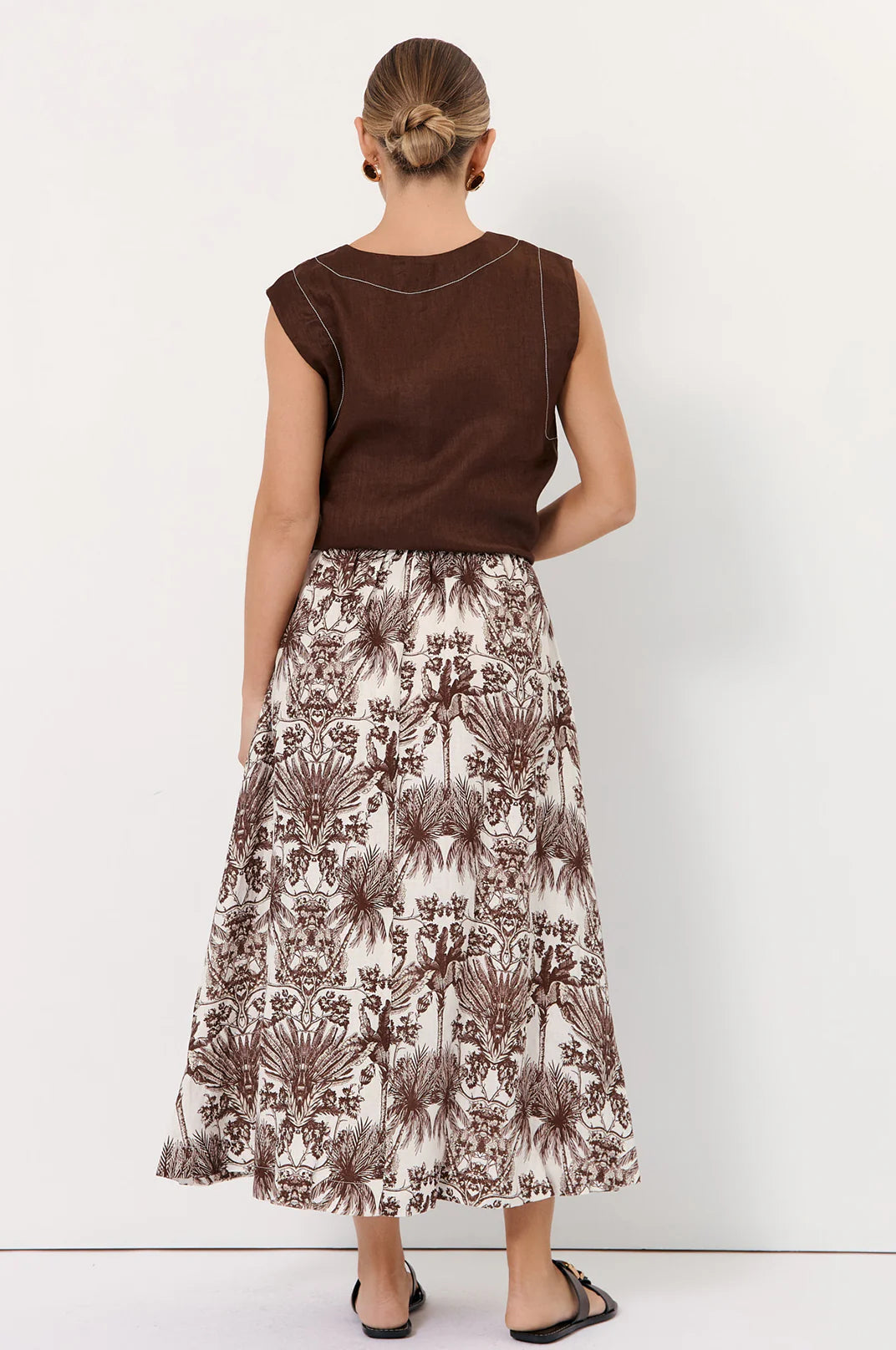 Adorne Lonnie Button Front Longline Linen Top - Chocolate