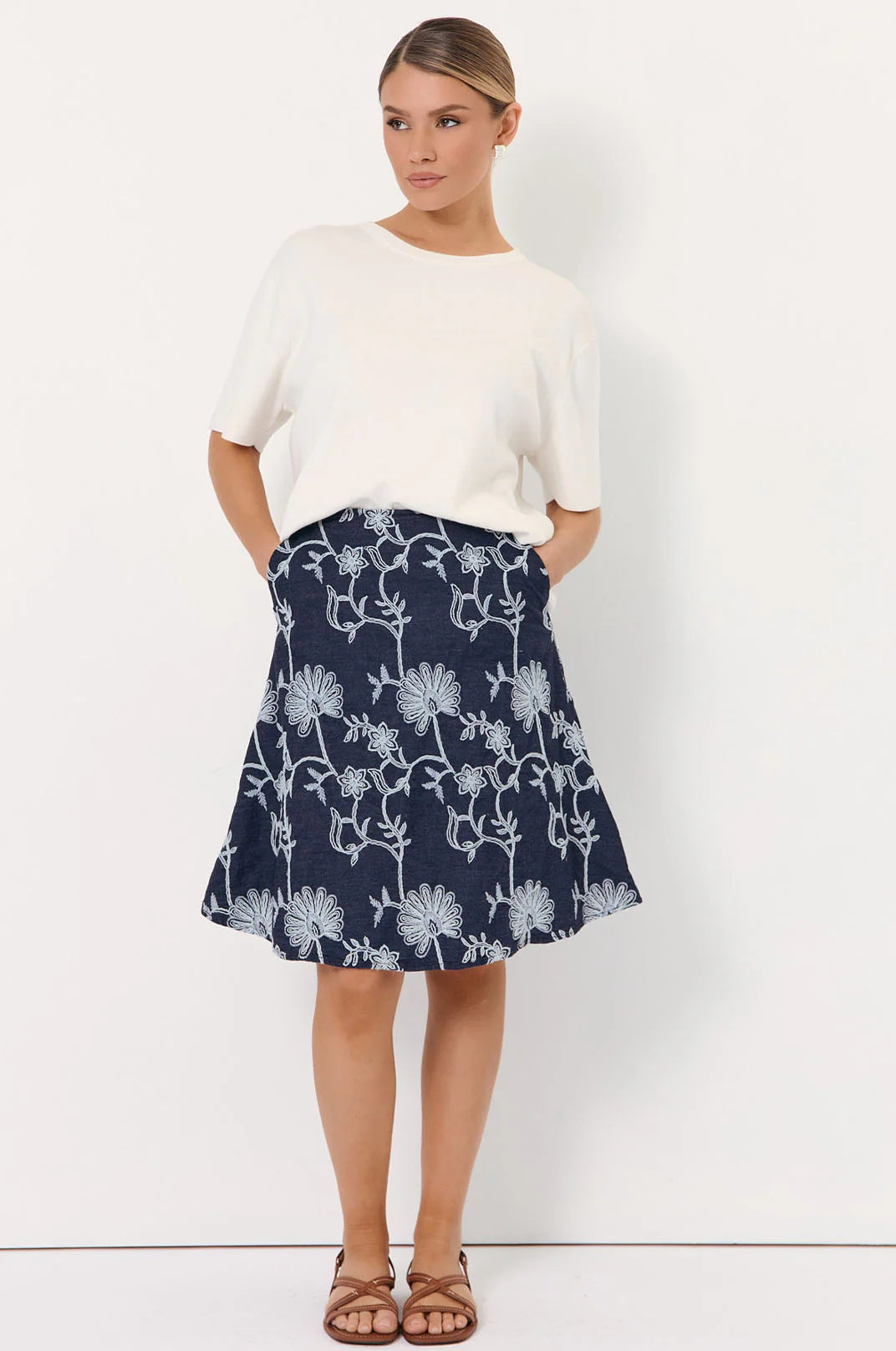 Adorne Rita Embroidered Denim Skirt