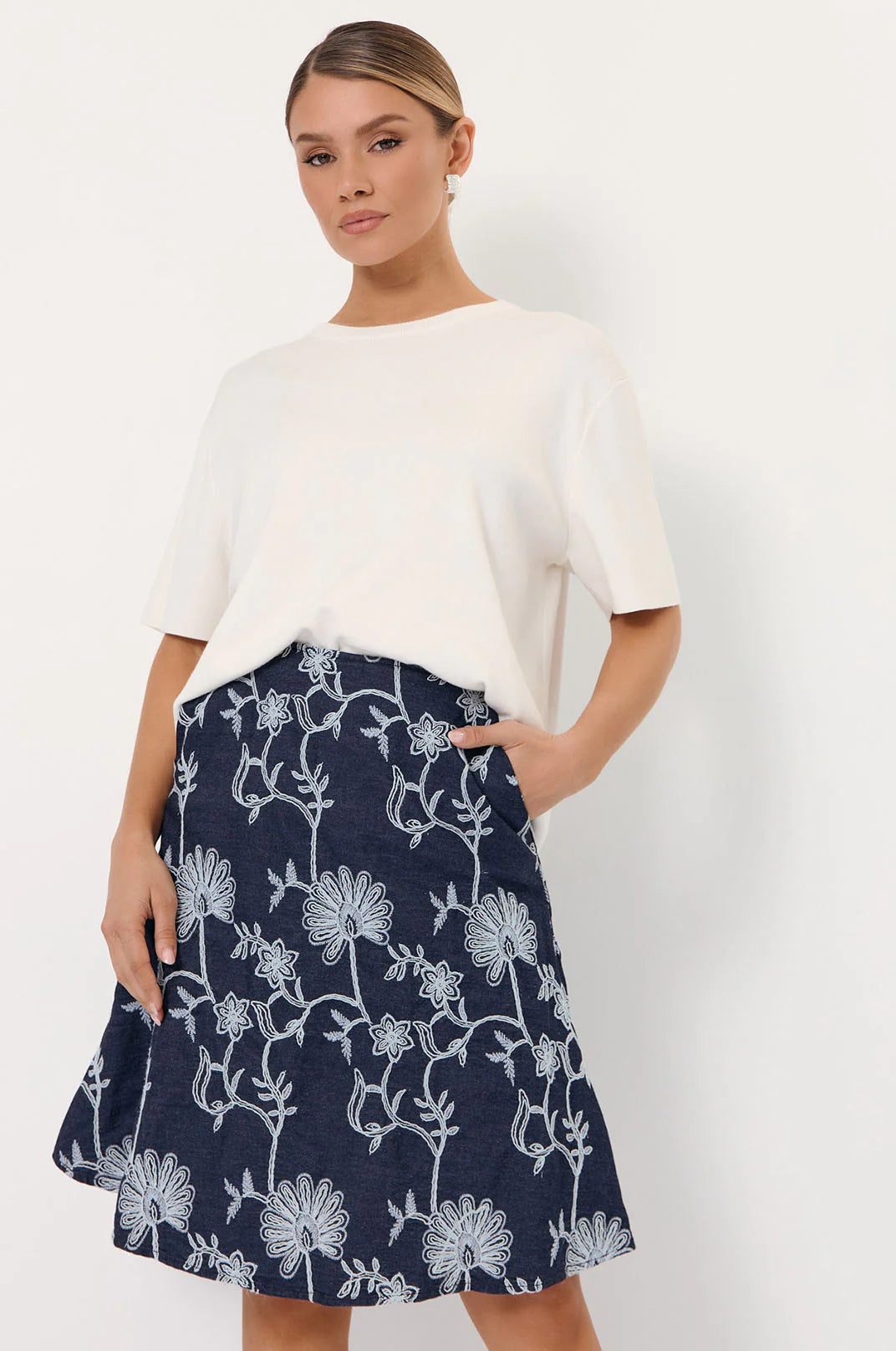 Adorne Rita Embroidered Denim Skirt