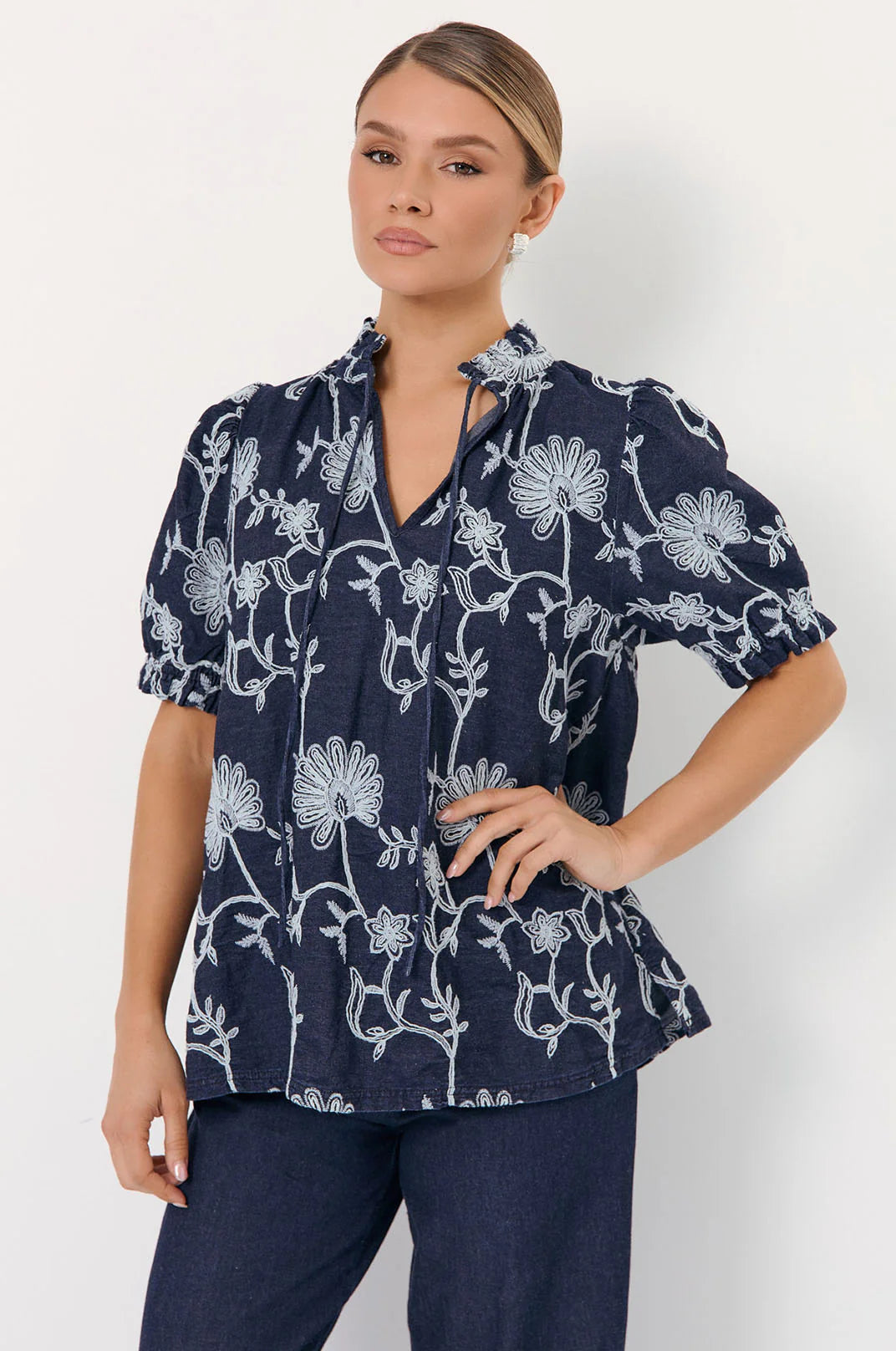 Adorne Sandra Embroidered Denim Top
