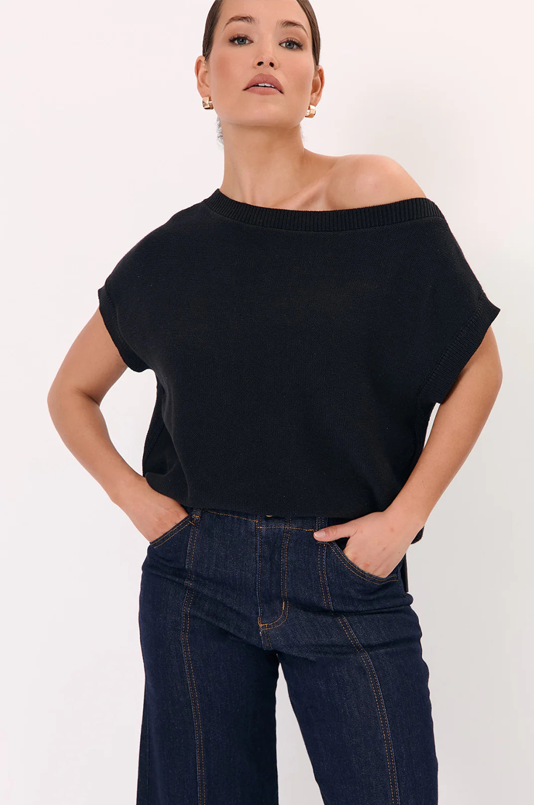 Adorne Terrie Angled Neckline Cotton Knit Top - Black