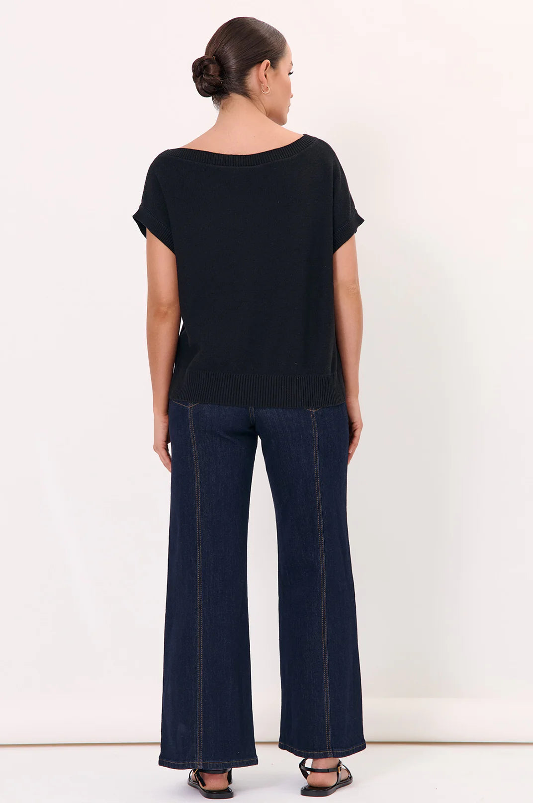Adorne Terrie Angled Neckline Cotton Knit Top - Black