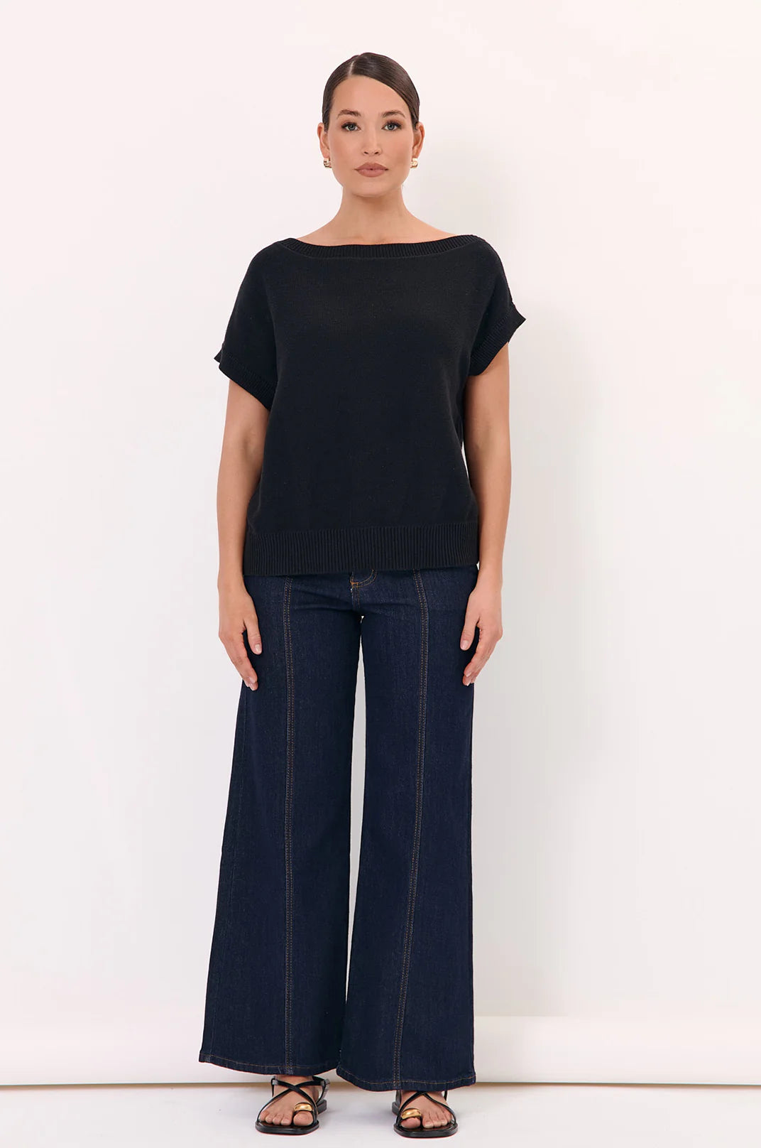 Adorne Terrie Angled Neckline Cotton Knit Top - Black