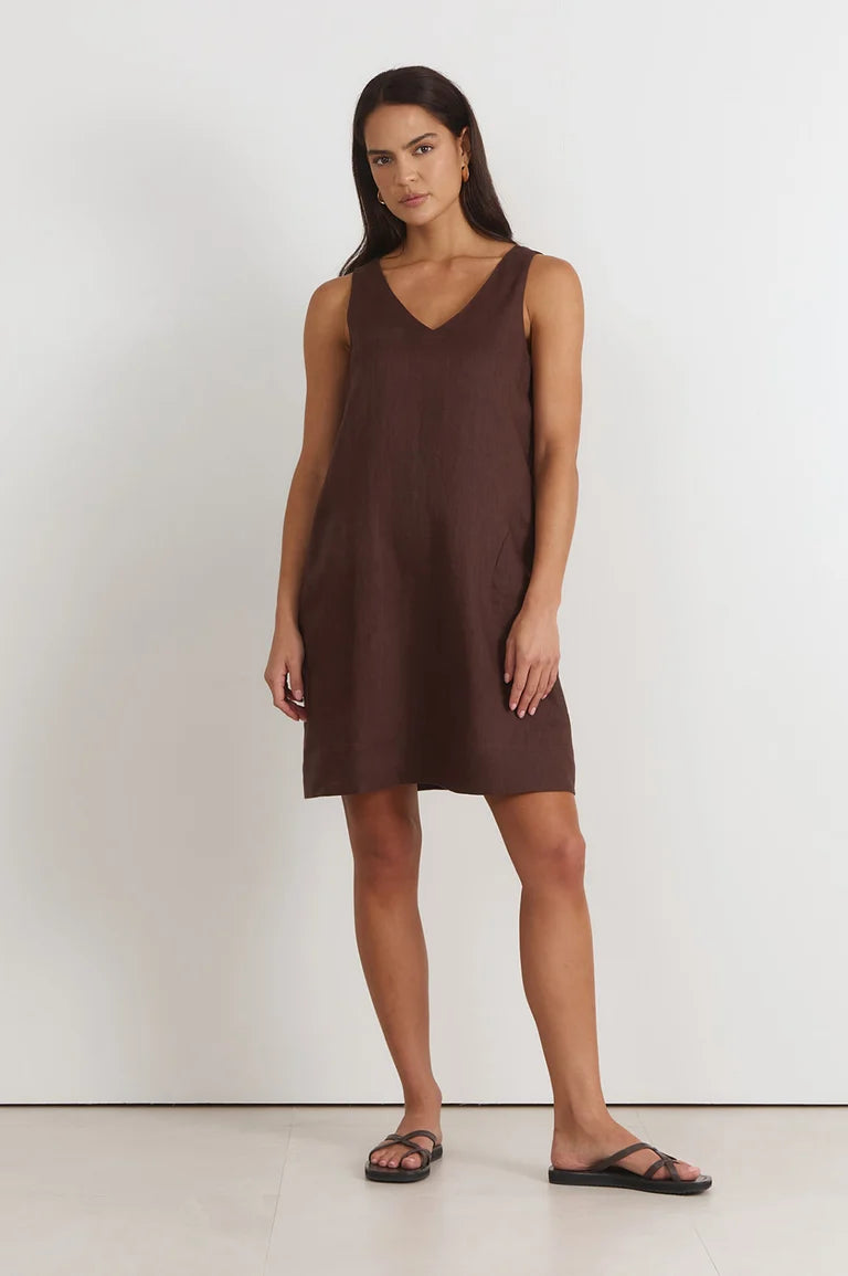 Adorne Simone V Neck Linen Short Dress - Chocolate