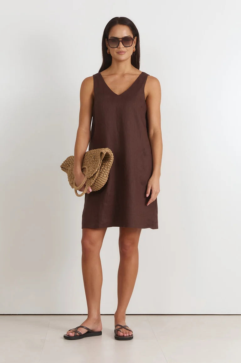 Adorne Simone V Neck Linen Short Dress - Chocolate