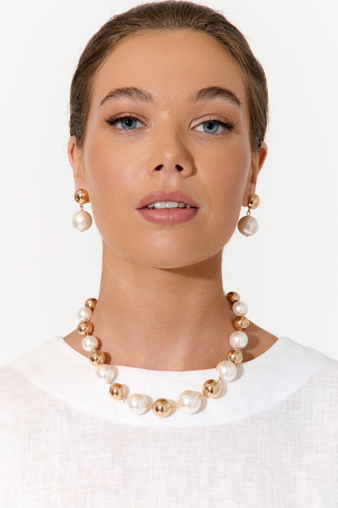 Adorne Faux Pearl Metal Ball Necklace