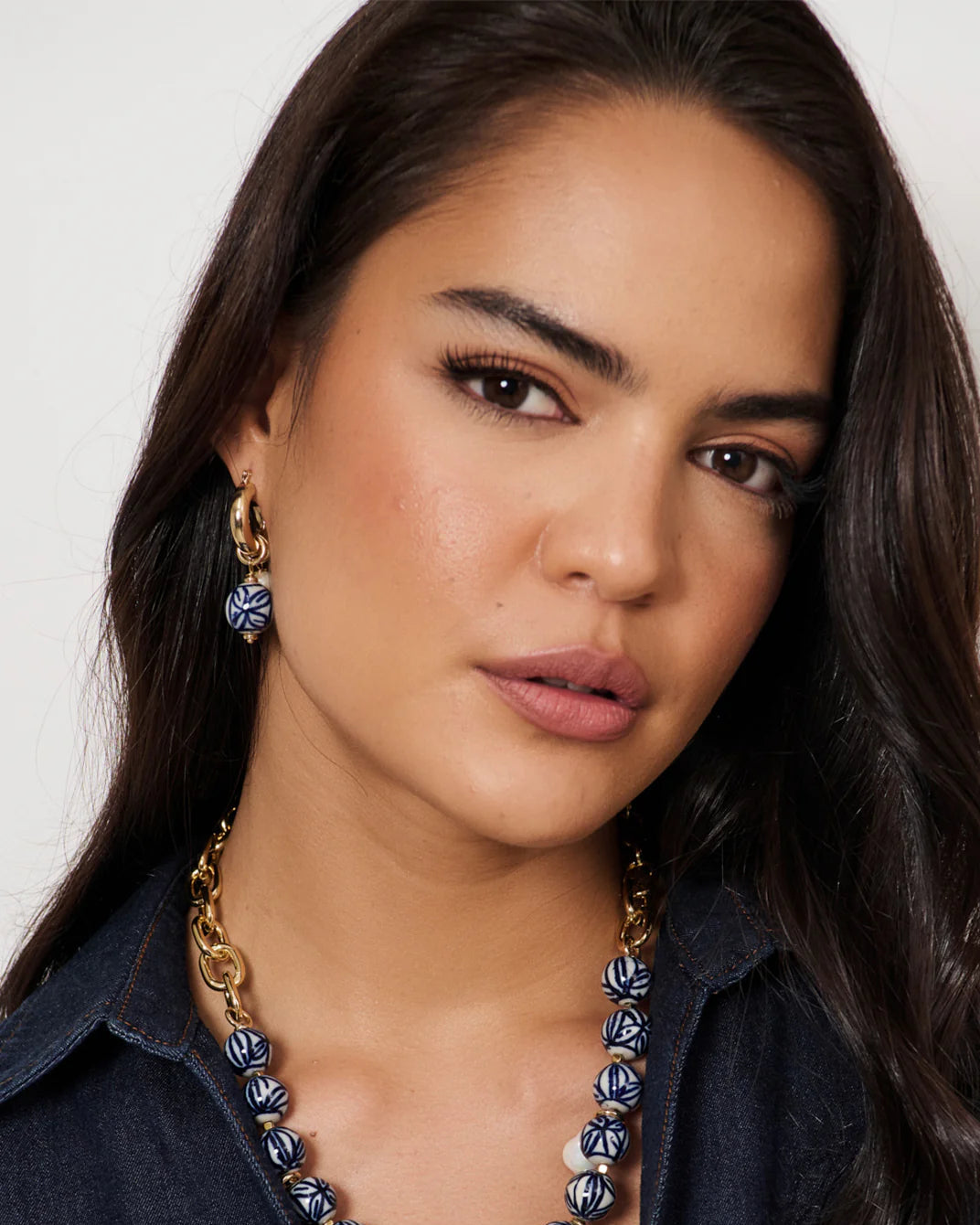 Adorne Patterned Porcelain Bead Pearl Hoops - Blue/Gold