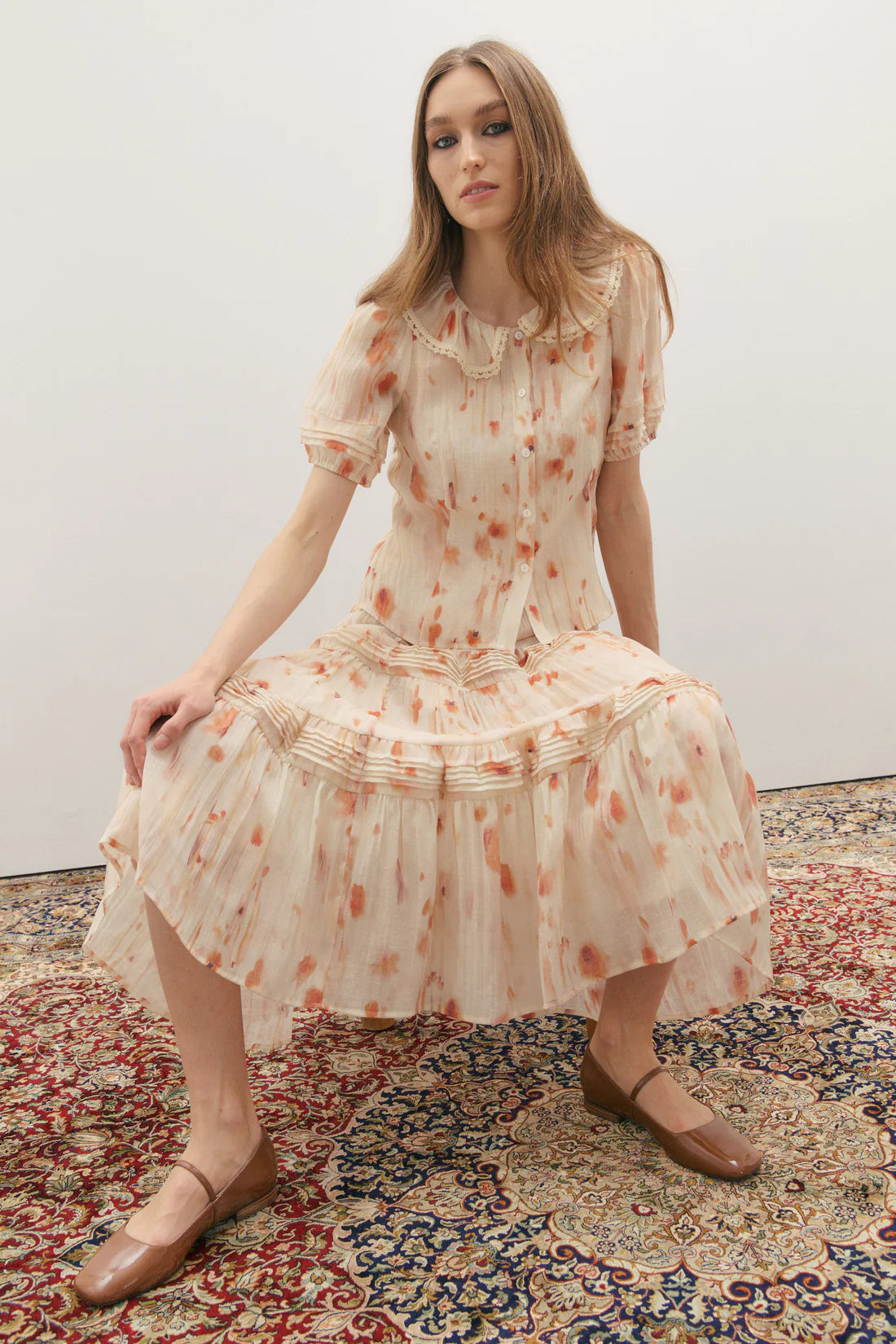 Maevarii Apricity Pleated Midi Skirt - Peaches & Cream