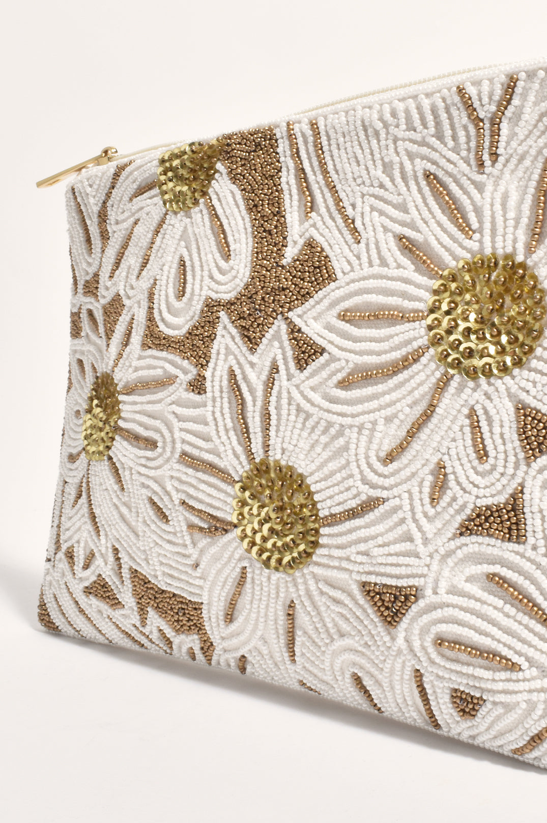 Adorne Bold Beaded Floral Clutch - White/Gold