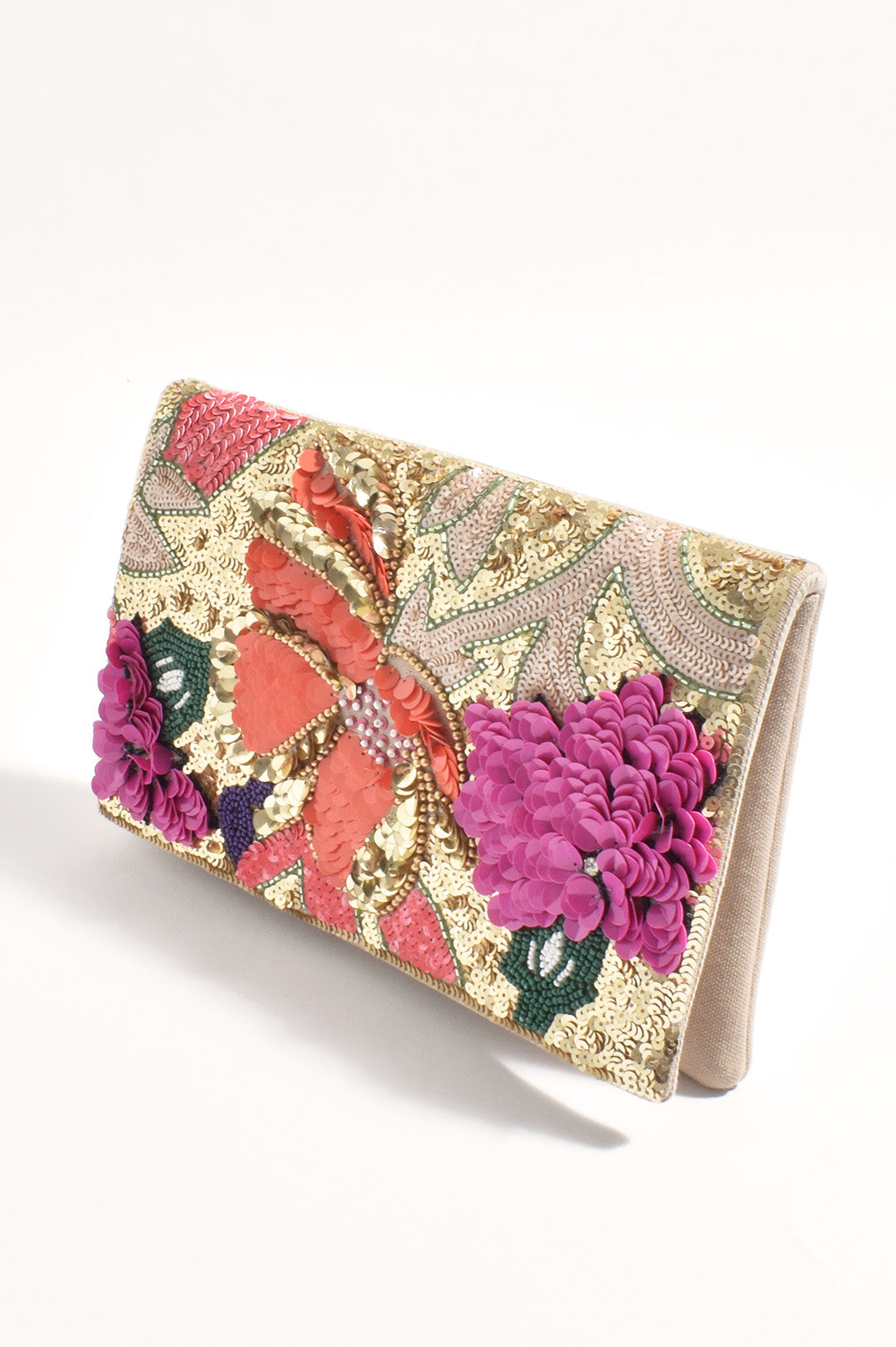 Adorne Claris Sequined Florals Statement Clutch - Tangerine/Gold