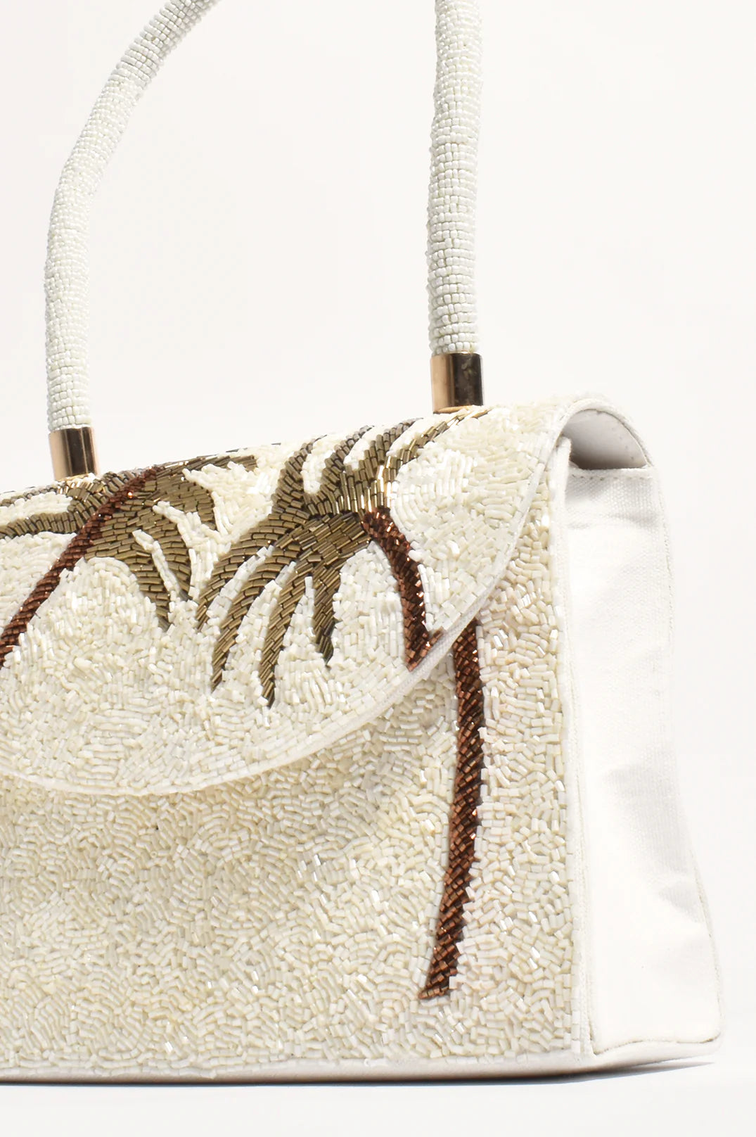 Adorne Patricia Palm Beaded Mini Bag - Cream/Gold